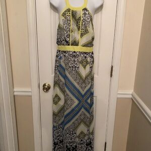 Jealous Tomato Yellow and Blue Geometric Maxi Dress